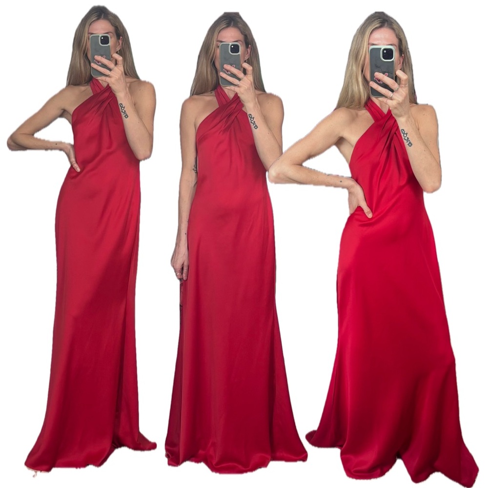 NWT BHLDN Anthropologie Red Halter Open Back Satin Effect Maxi Gown Dress